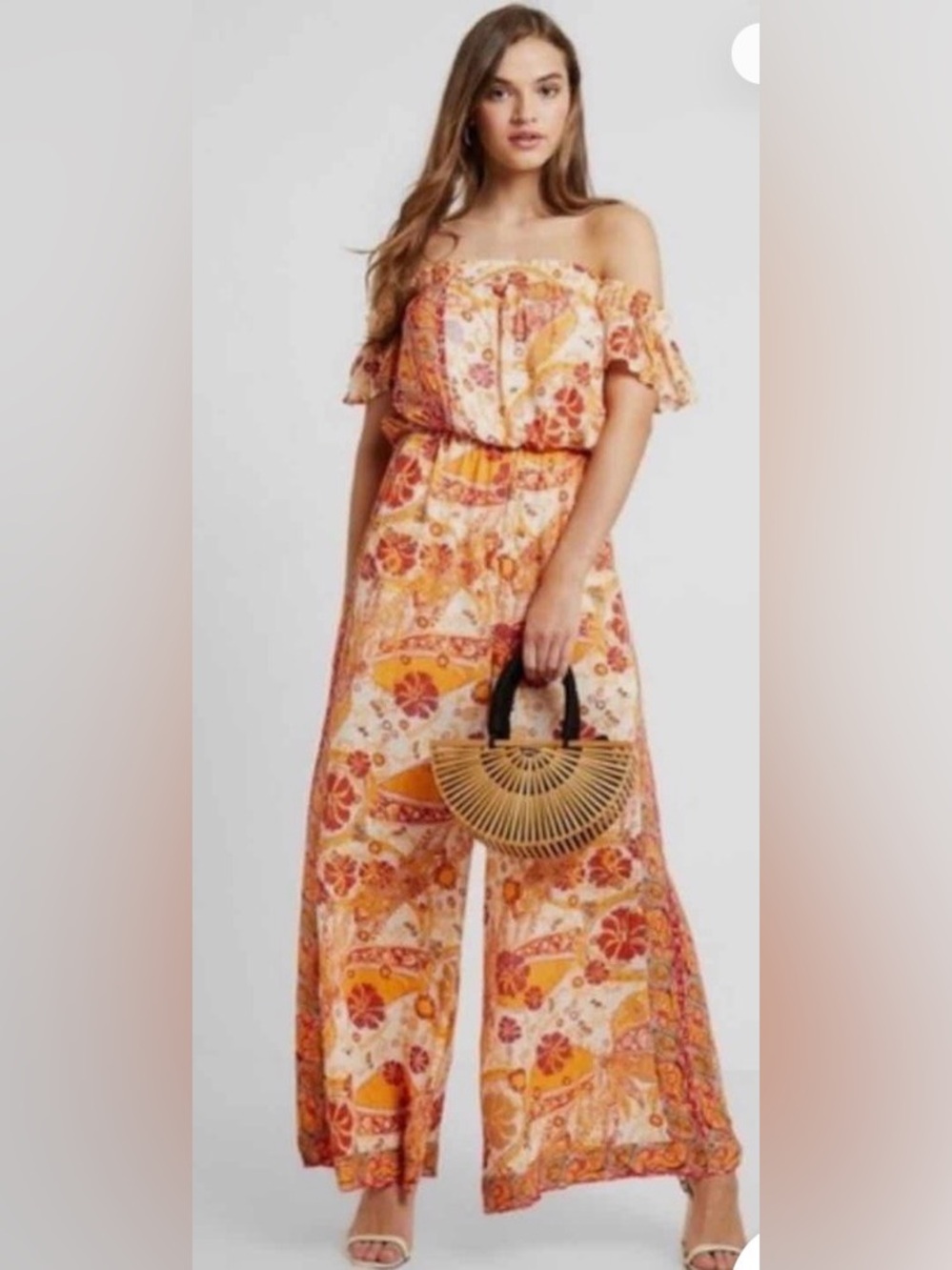Free People Boho Summer Floral Off the Shoulder Wide Leg Jumpsuit